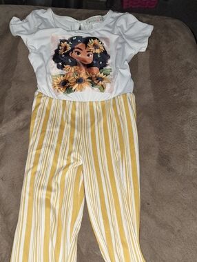 Never Worn..Girls Yellow Striped Jumpsuit with Sunflower Graphic